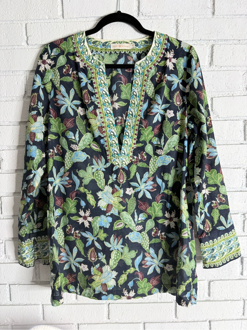 Tory Burch Embellished Cotton Tunic Garden Wisteria Size 10 Side Zip Closure